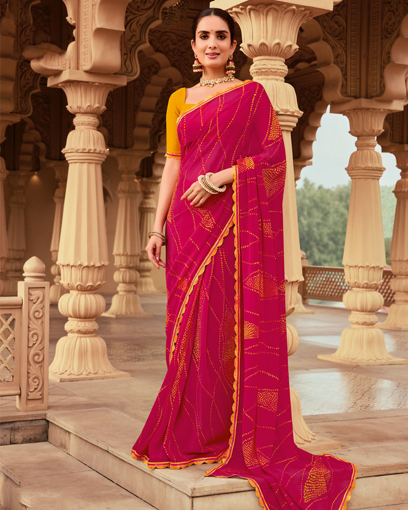 Vishal Prints Pinkish Red Printed Georgette Traditional Print Saree With Cut Work Border
