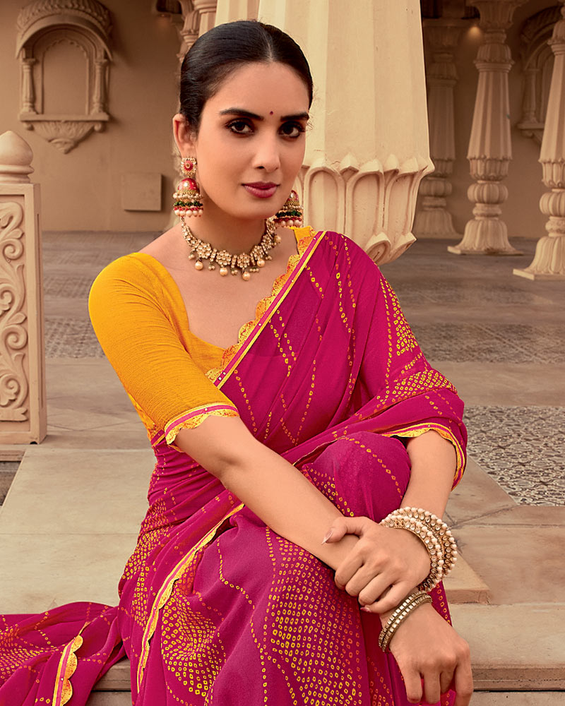 Vishal Prints Pinkish Red Printed Georgette Traditional Print Saree With Cut Work Border