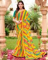 Vishal Prints Burnt Yellow Printed Georgette Saree With Fancy Border