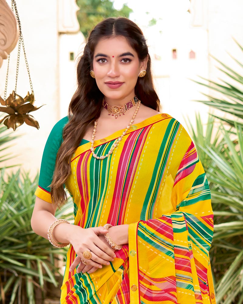 Vishal Prints Burnt Yellow Printed Georgette Saree With Fancy Border