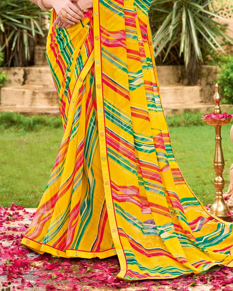 Vishal Prints Burnt Yellow Printed Georgette Saree With Fancy Border