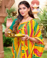 Vishal Prints Burnt Yellow Printed Georgette Saree With Fancy Border