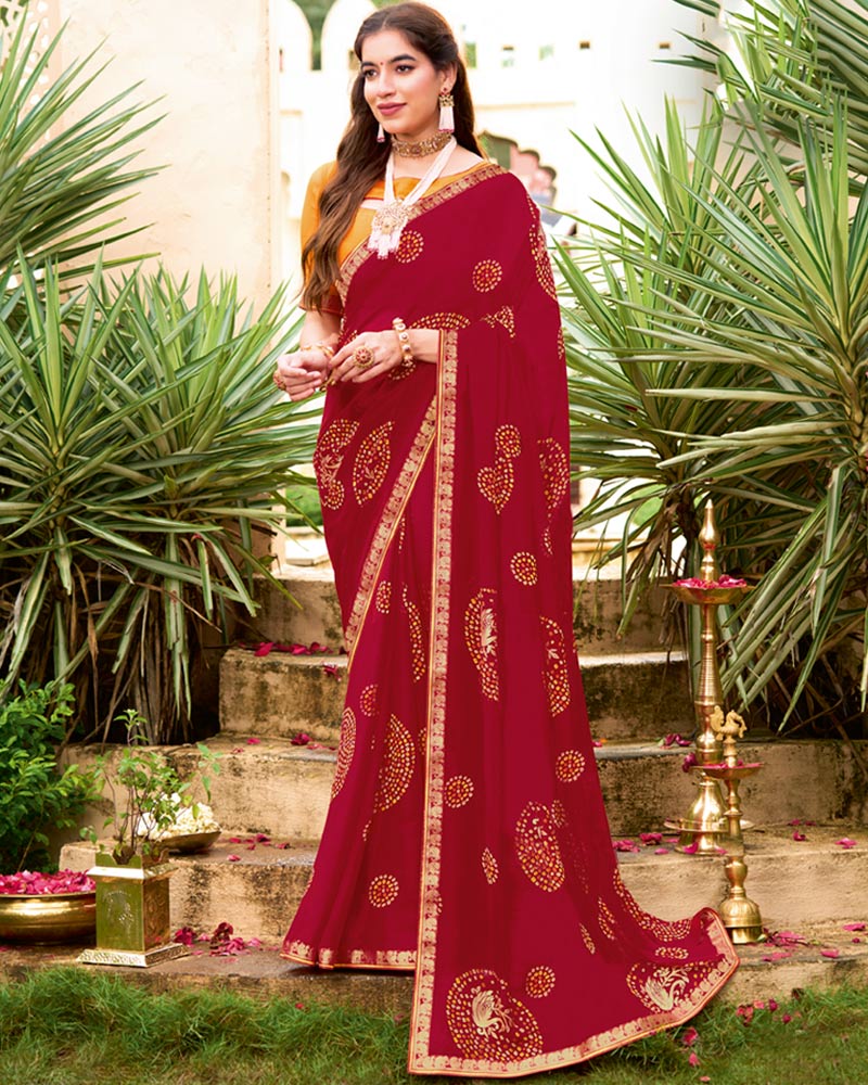 Vishal Prints Brick Red Printed Georgette Saree With Fancy Border