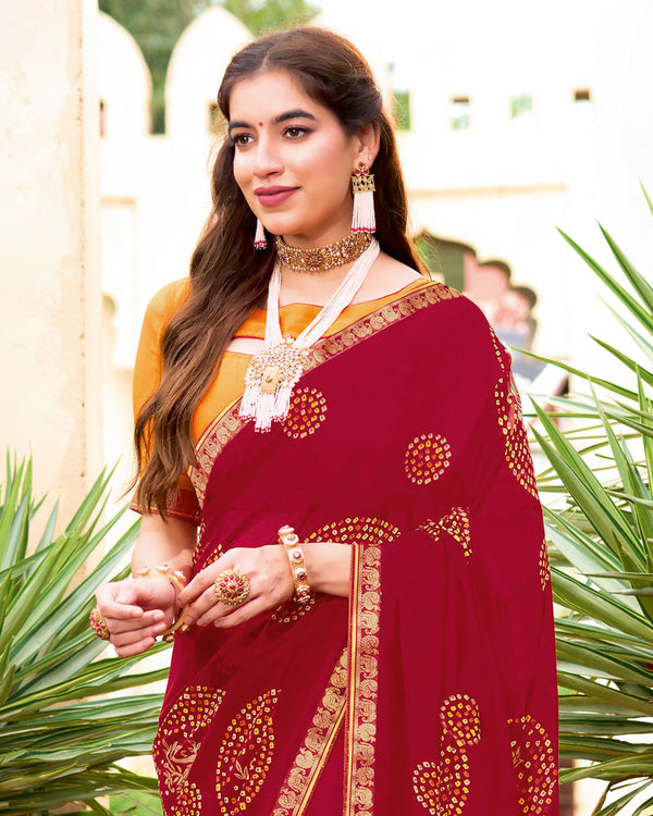Vishal Prints Brick Red Printed Georgette Saree With Fancy Border