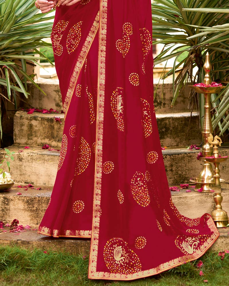 Vishal Prints Brick Red Printed Georgette Saree With Fancy Border