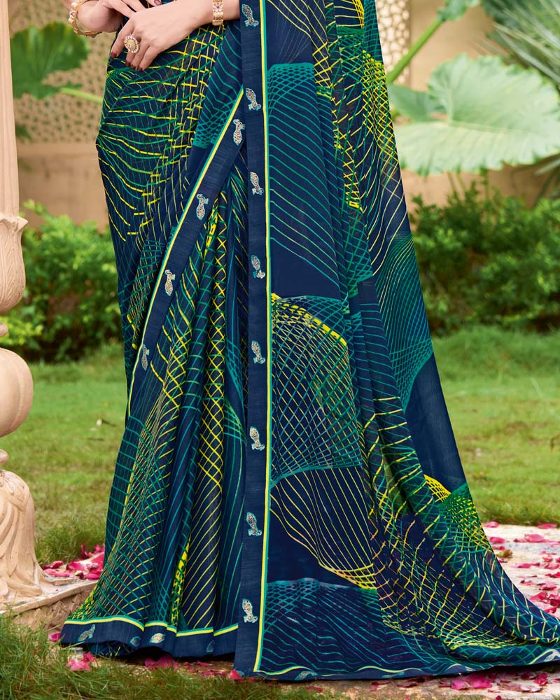 Vishal Prints Nile Blue Printed Georgette Saree With Fancy Border