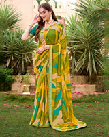 Vishal Prints Mehandi Green And Tulip Yellow Printed Georgette Saree With Fancy Border