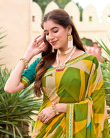 Vishal Prints Mehandi Green And Tulip Yellow Printed Georgette Saree With Fancy Border