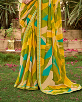 Vishal Prints Mehandi Green And Tulip Yellow Printed Georgette Saree With Fancy Border