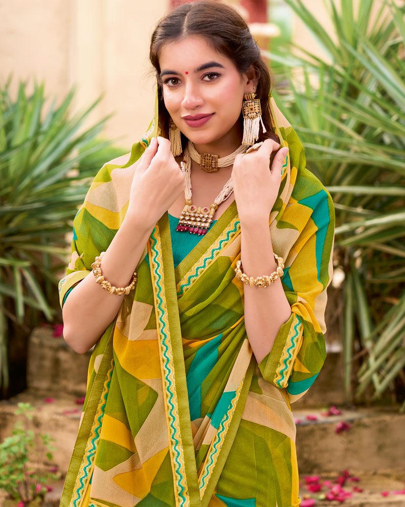 Vishal Prints Mehandi Green And Tulip Yellow Printed Georgette Saree With Fancy Border