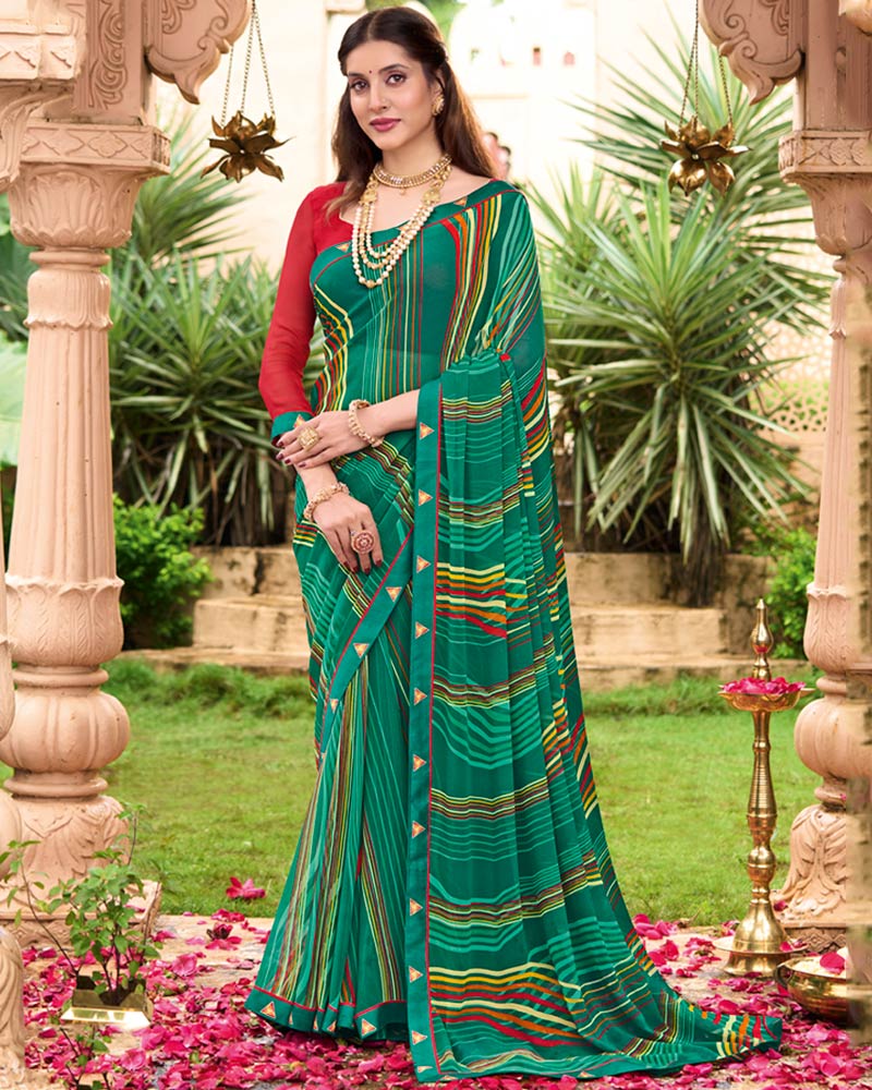 Vishal Prints Pine Green Printed Georgette Saree With Fancy Border