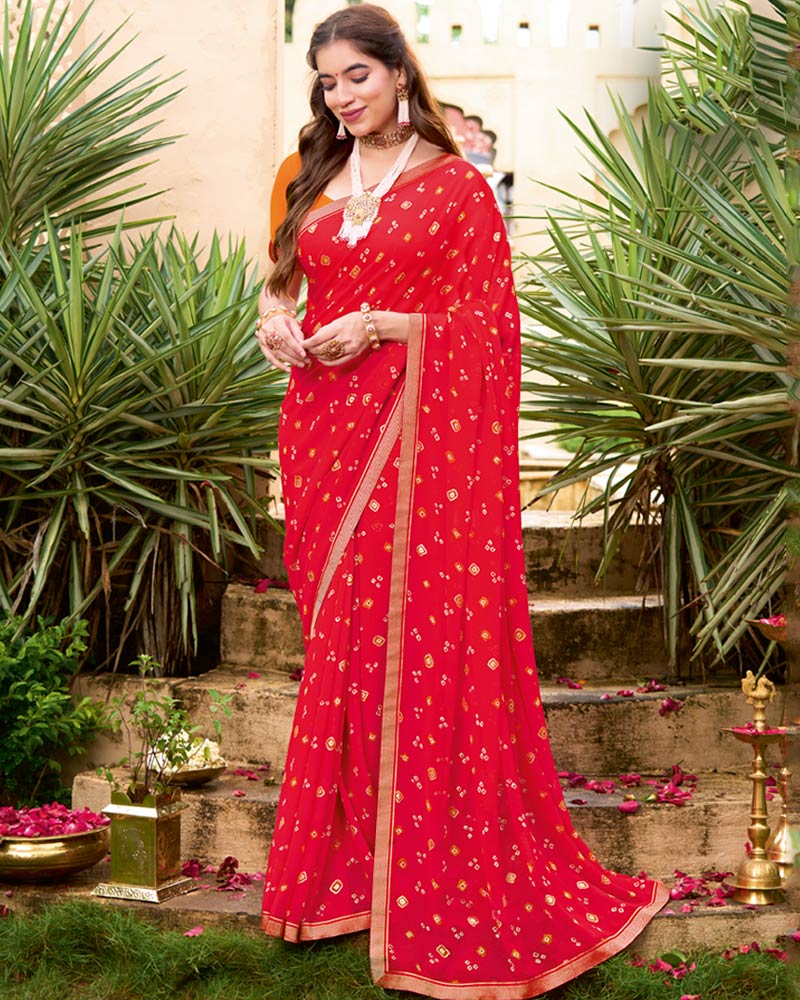 Vishal Prints Lava Red Printed Georgette Saree With Fancy Border