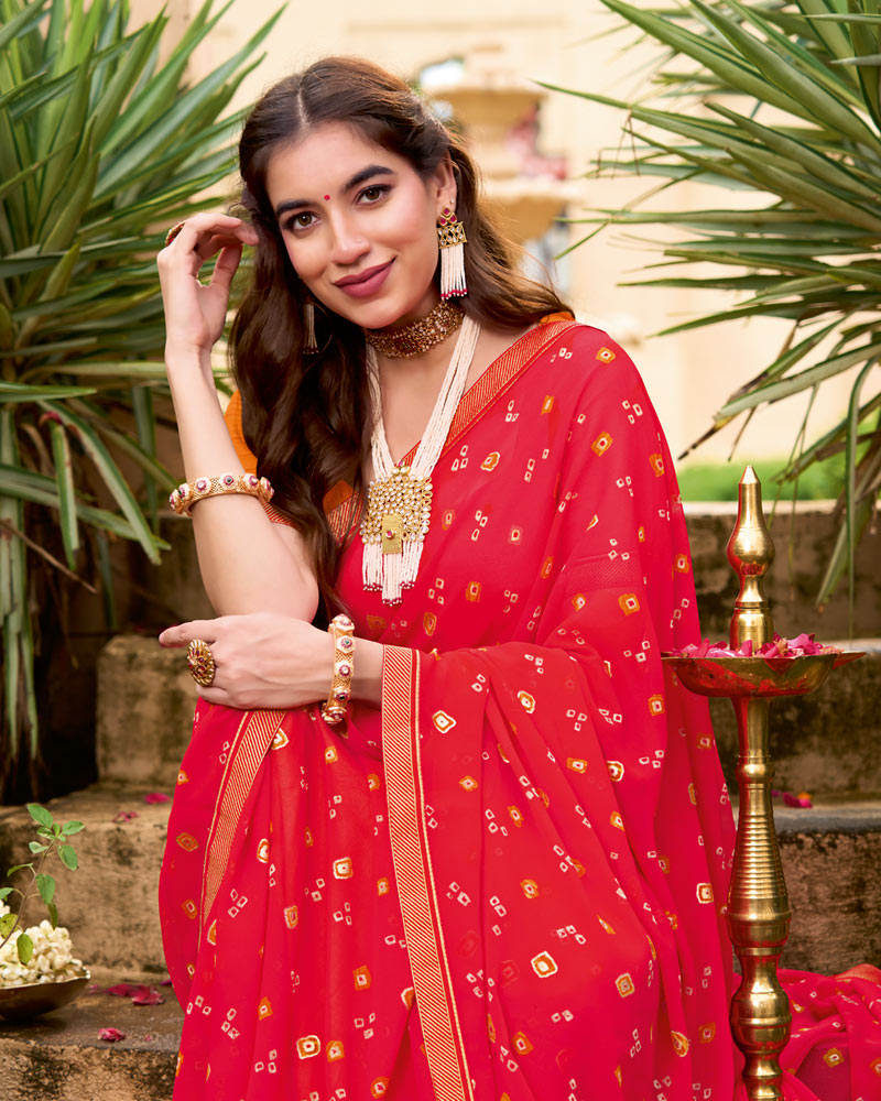 Vishal Prints Lava Red Printed Georgette Saree With Fancy Border
