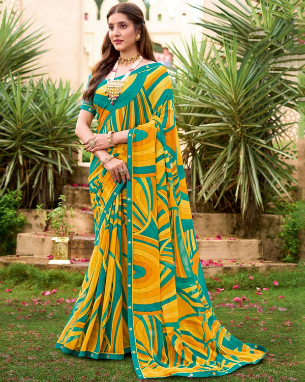 Vishal Prints Teal Green And Light Yellow Printed Georgette Saree With Fancy Border