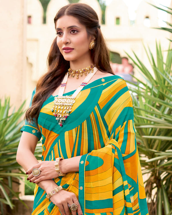 Vishal Prints Teal Green And Light Yellow Printed Georgette Saree With Fancy Border
