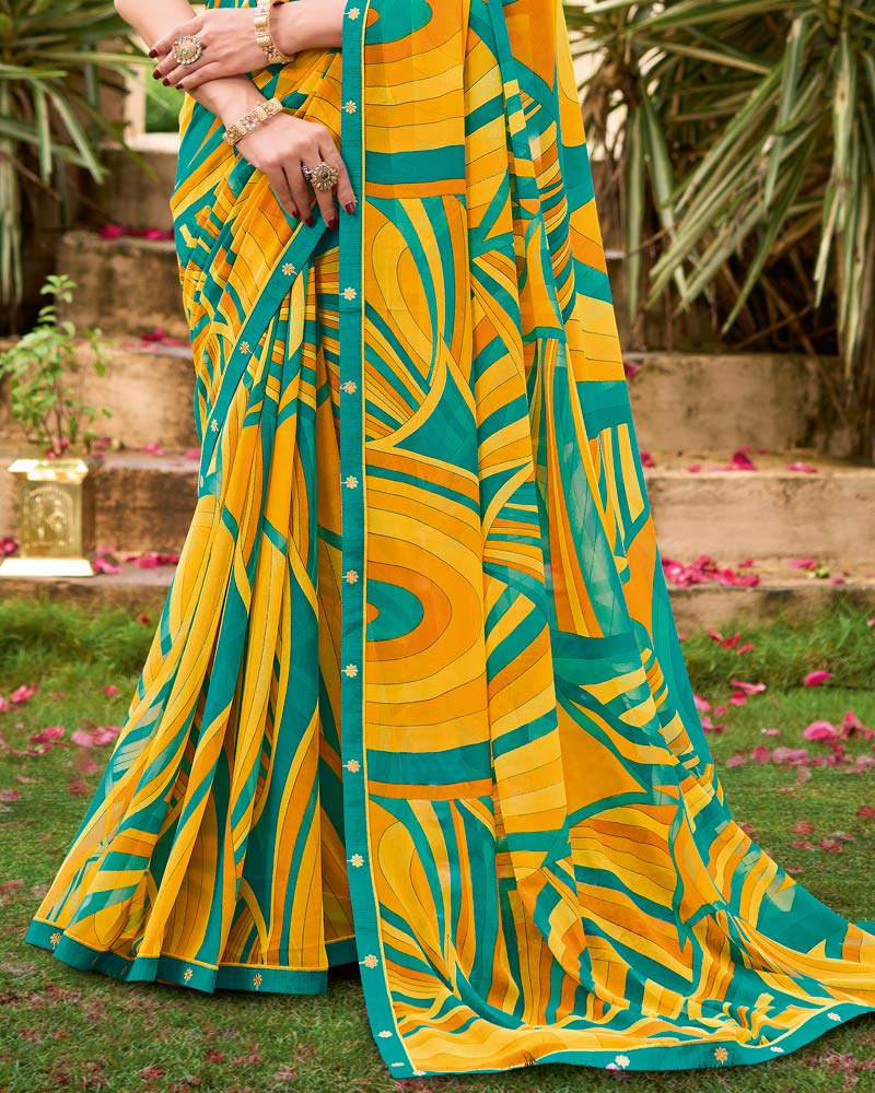 Vishal Prints Teal Green And Light Yellow Printed Georgette Saree With Fancy Border