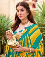 Vishal Prints Teal Green And Light Yellow Printed Georgette Saree With Fancy Border