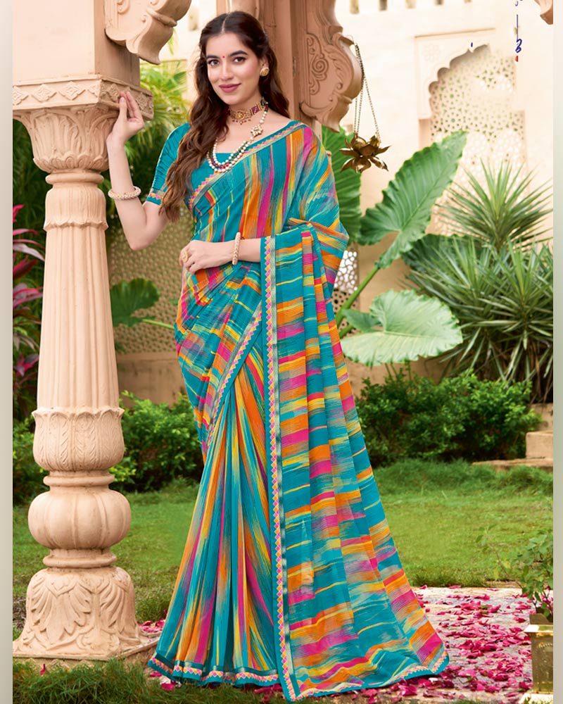 Vishal Prints Ocean Blue Printed Georgette Saree With Fancy Border