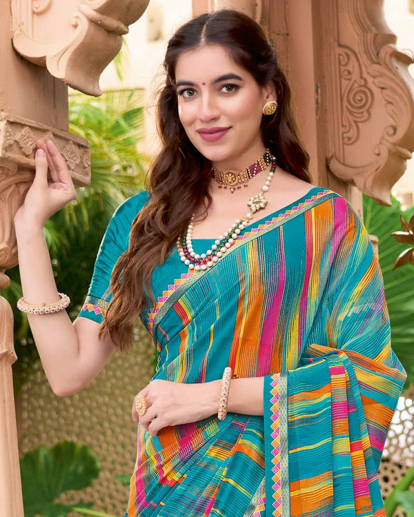 Vishal Prints Ocean Blue Printed Georgette Saree With Fancy Border