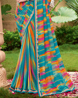 Vishal Prints Ocean Blue Printed Georgette Saree With Fancy Border