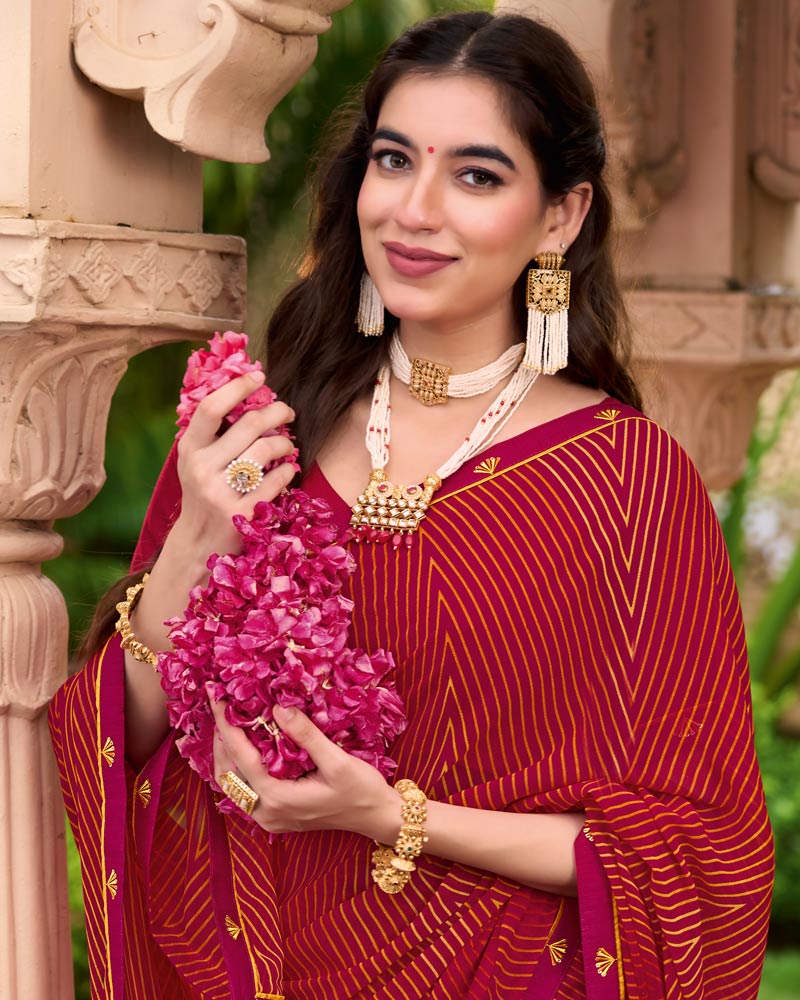 Vishal Prints Purplish Red Printed Georgette Saree With Fancy Border