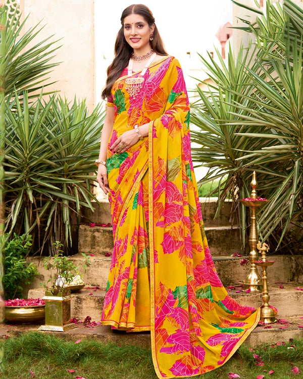 Vishal Prints Burnt Yellow Printed Georgette Saree With Fancy Border