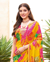 Vishal Prints Burnt Yellow Printed Georgette Saree With Fancy Border