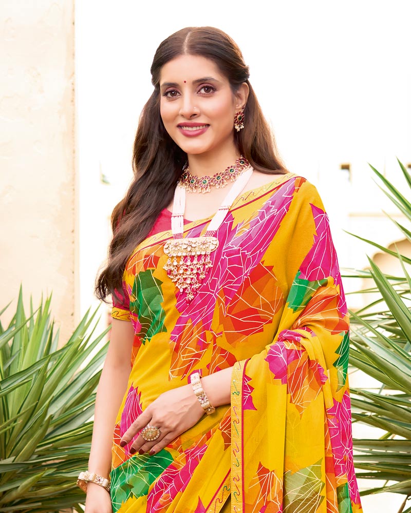 Vishal Prints Burnt Yellow Printed Georgette Saree With Fancy Border