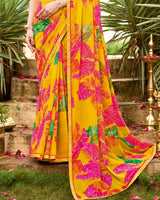 Vishal Prints Burnt Yellow Printed Georgette Saree With Fancy Border