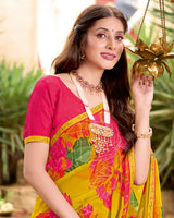 Vishal Prints Burnt Yellow Printed Georgette Saree With Fancy Border