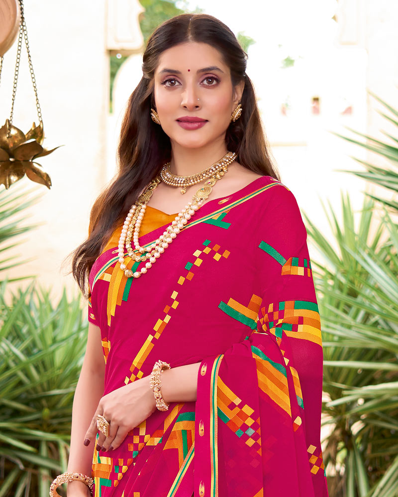 Vishal Prints Bright Maroon Printed Georgette Saree With Fancy Border