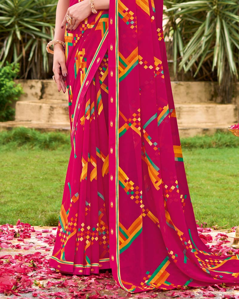 Vishal Prints Bright Maroon Printed Georgette Saree With Fancy Border