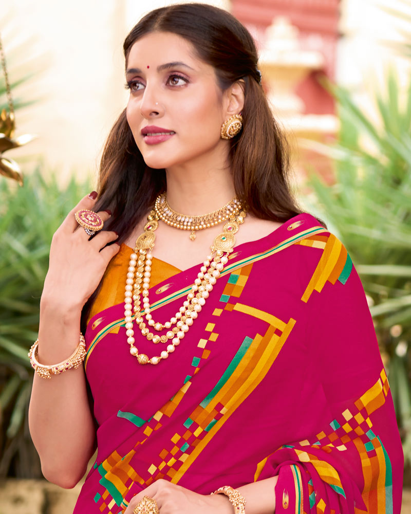 Vishal Prints Bright Maroon Printed Georgette Saree With Fancy Border