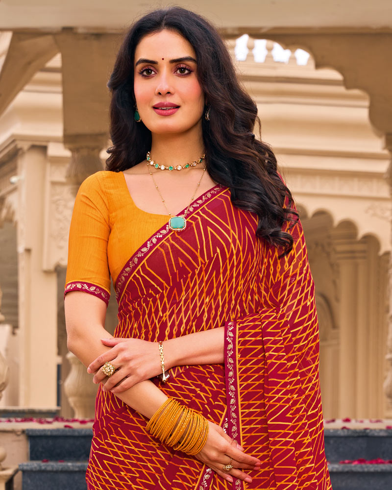 Vishal Prints Maroon Red Printed Georgette Saree With Fancy Border