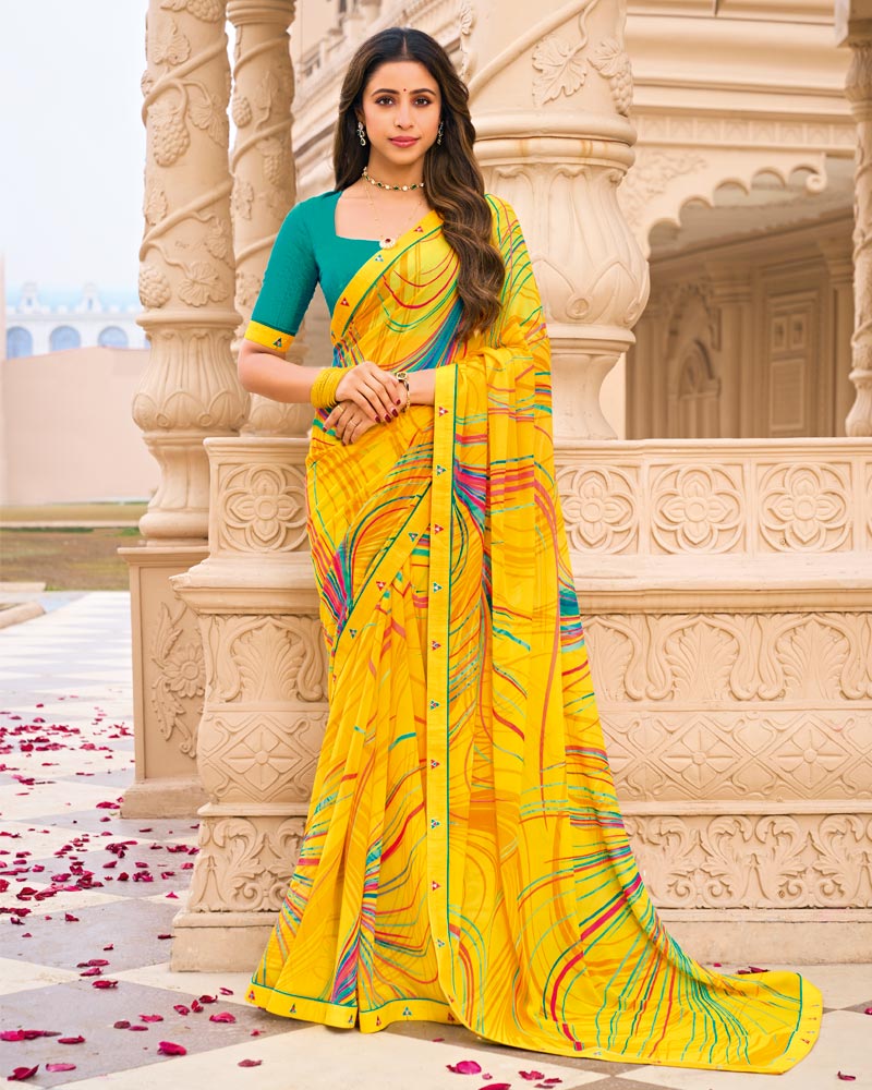 Vishal Prints Bright Yellow Printed Georgette Saree With Fancy Border