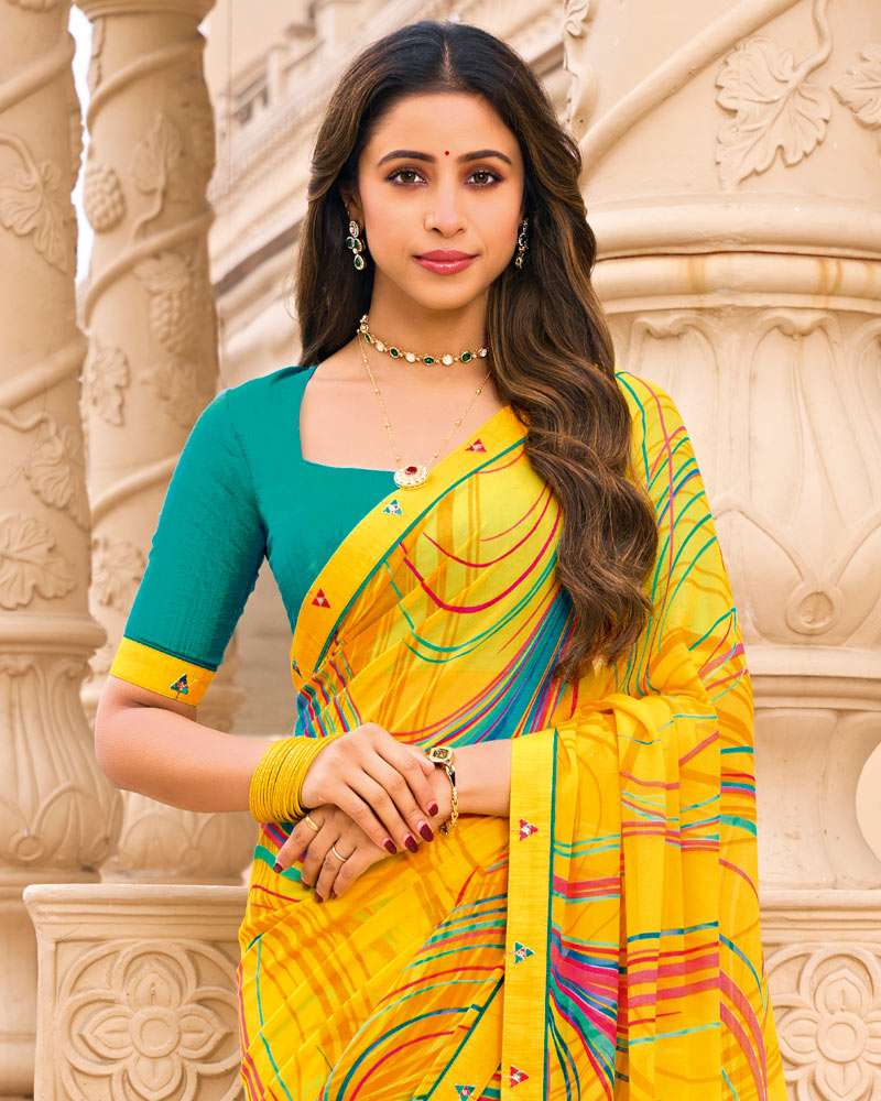 Vishal Prints Bright Yellow Printed Georgette Saree With Fancy Border