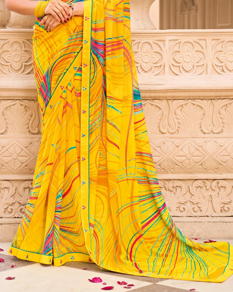 Vishal Prints Bright Yellow Printed Georgette Saree With Fancy Border