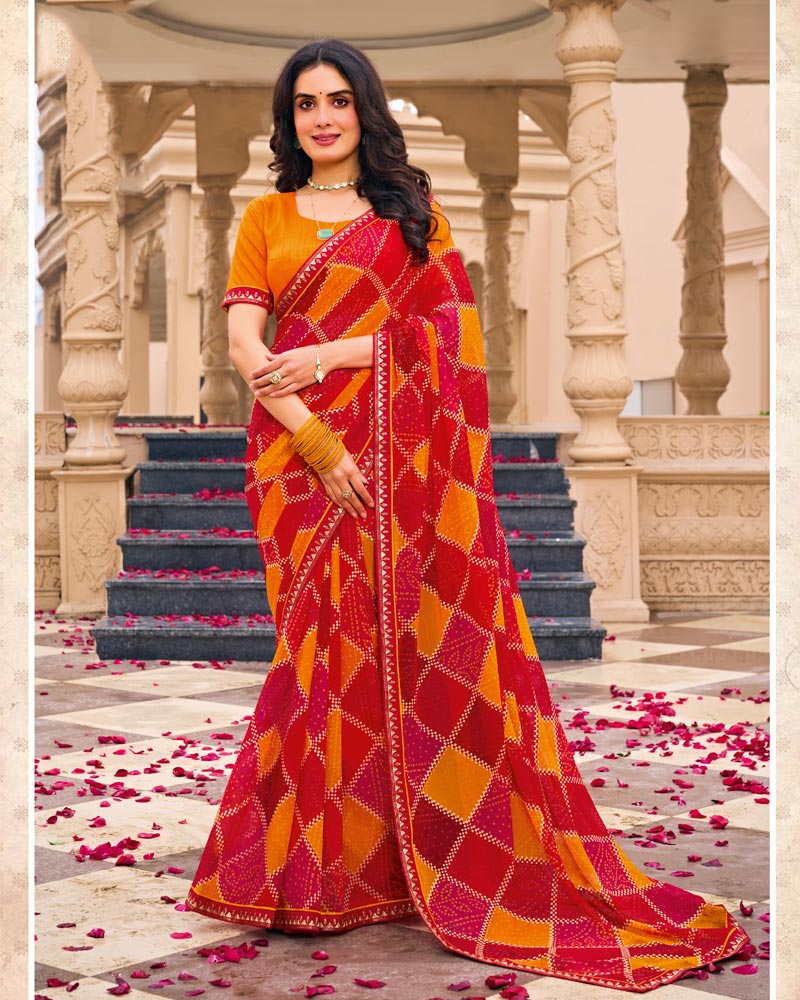 Vishal Prints Crimson Red And Yellow Printed Georgette Saree With Fancy Border
