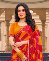 Vishal Prints Crimson Red And Yellow Printed Georgette Saree With Fancy Border