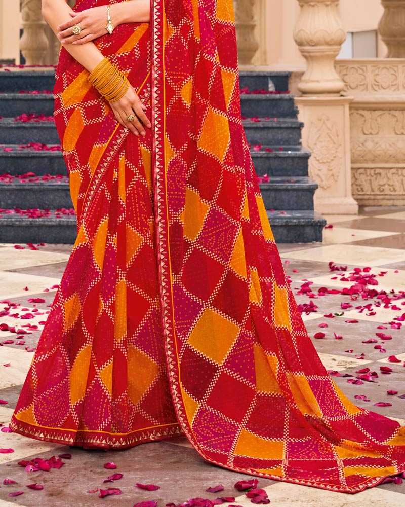 Vishal Prints Crimson Red And Yellow Printed Georgette Saree With Fancy Border