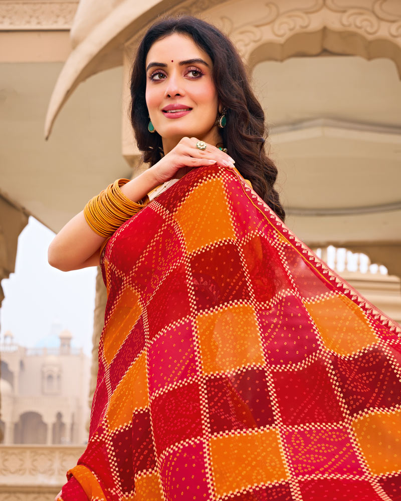 Vishal Prints Crimson Red And Yellow Printed Georgette Saree With Fancy Border