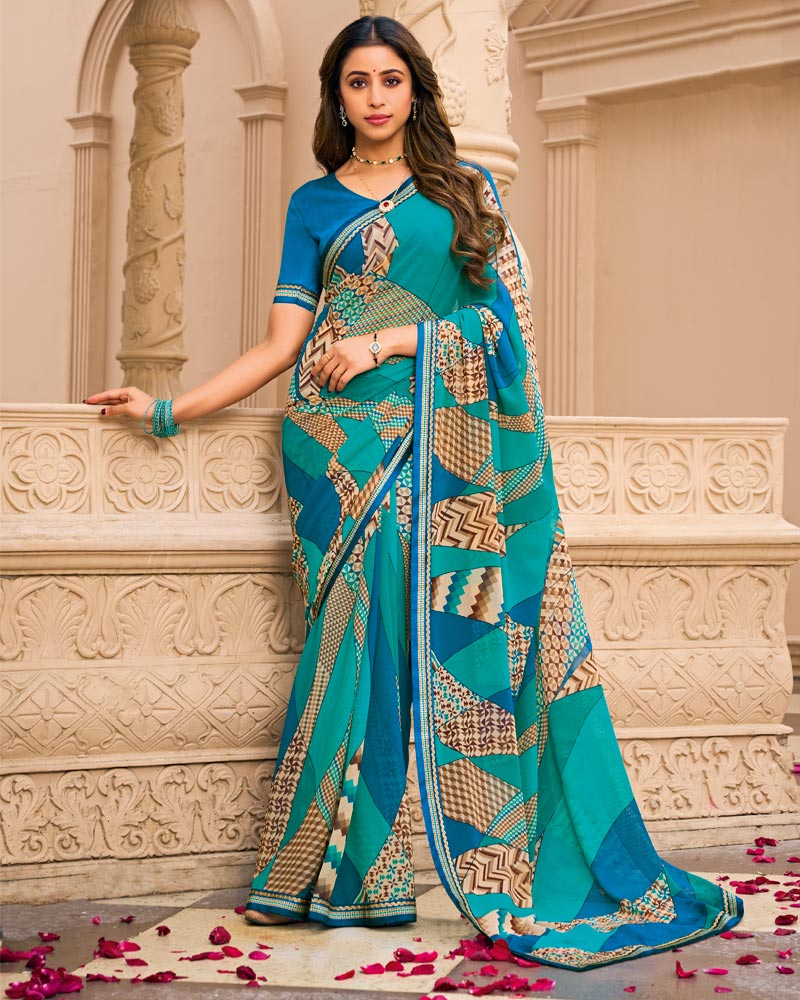Vishal Prints Teal Blue Printed Georgette Saree With Fancy Border