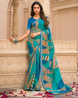 Vishal Prints Teal Blue Printed Georgette Saree With Fancy Border