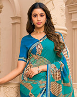 Vishal Prints Teal Blue Printed Georgette Saree With Fancy Border