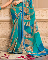 Vishal Prints Teal Blue Printed Georgette Saree With Fancy Border