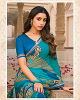 Vishal Prints Teal Blue Printed Georgette Saree With Fancy Border