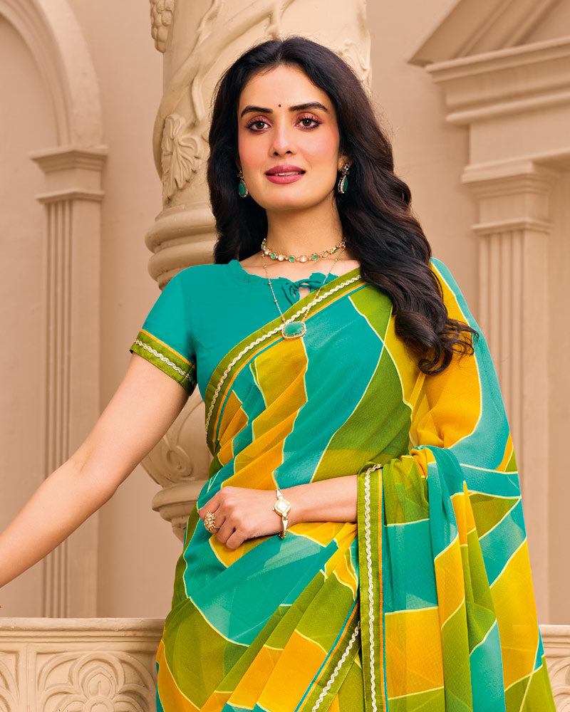 Vishal Prints Lime Yellow And Green Printed Georgette Saree With Fancy Border