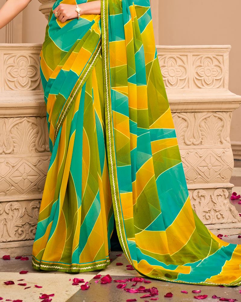 Vishal Prints Lime Yellow And Green Printed Georgette Saree With Fancy Border