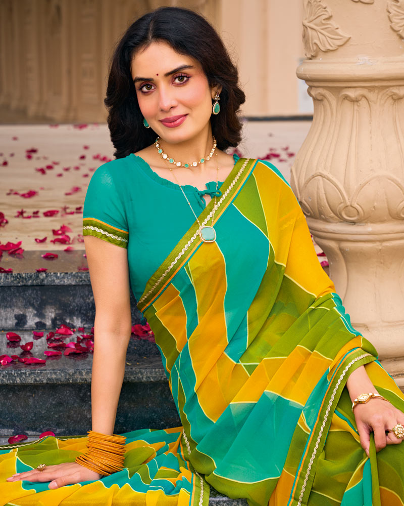 Vishal Prints Lime Yellow And Green Printed Georgette Saree With Fancy Border