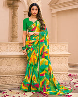 Vishal Prints Leaf Green Printed Georgette Saree With Fancy Border